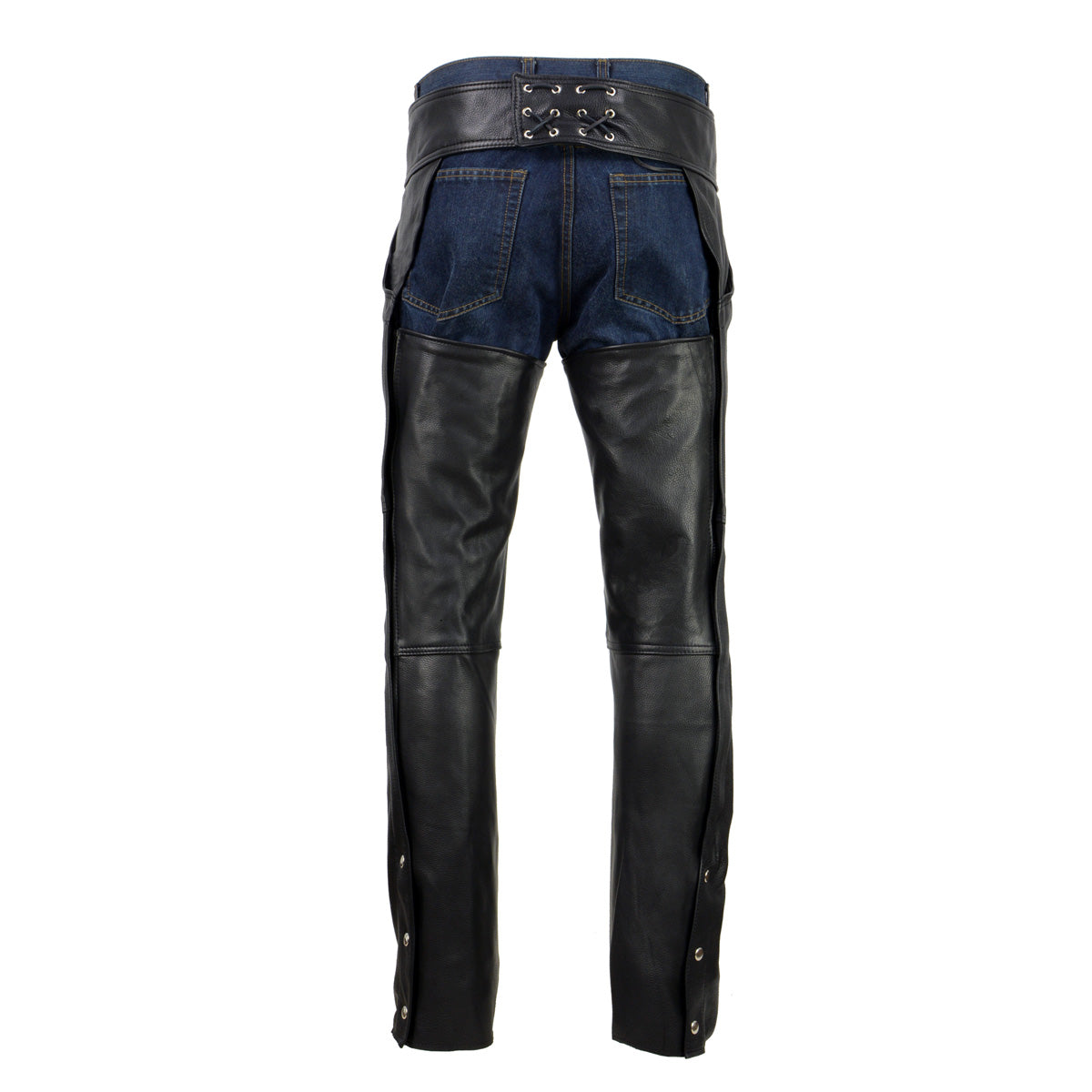 Men's Black Enfold Classic Premium Leather Motorcycle Chaps with Jean Pockets MLM5570