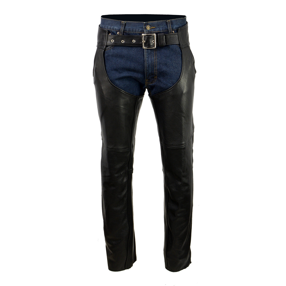 Men's Black Enfold Classic Premium Leather Motorcycle Chaps with Jean Pockets MLM5570