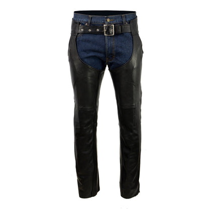 Men's Black Enfold Classic Premium Leather Motorcycle Chaps with Jean Pockets MLM5570