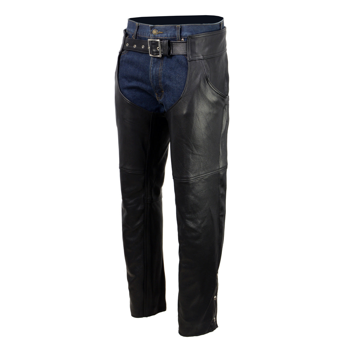 Men's Black Enfold Classic Premium Leather Motorcycle Chaps with Jean Pockets MLM5570
