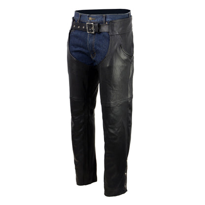 Men's Black Enfold Classic Premium Leather Motorcycle Chaps with Jean Pockets MLM5570