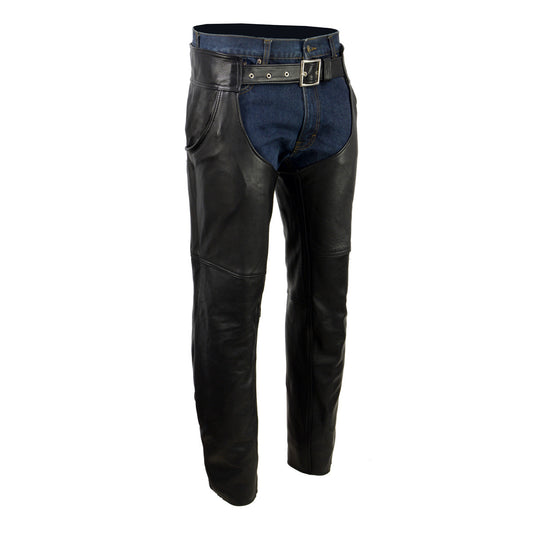 Men's Black Enfold Classic Premium Leather Motorcycle Chaps with Jean Pockets MLM5570