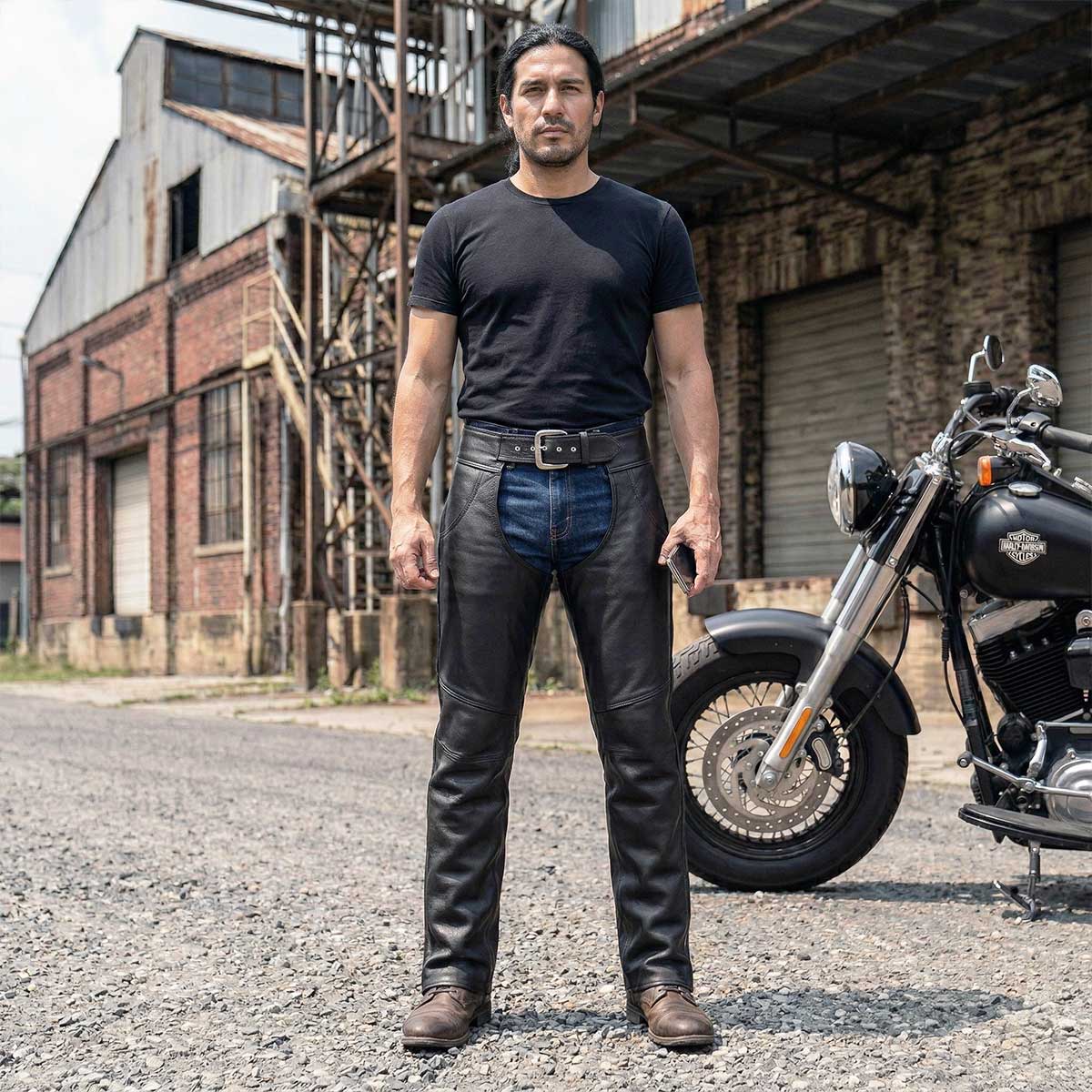 Men's Black Enfold Classic Premium Leather Motorcycle Chaps with Jean Pockets MLM5570