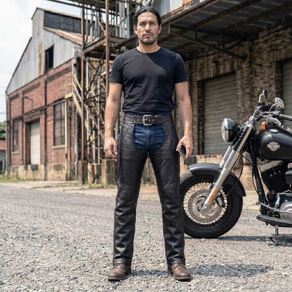 Men's Black Enfold Classic Premium Leather Motorcycle Chaps with Jean Pockets MLM5570