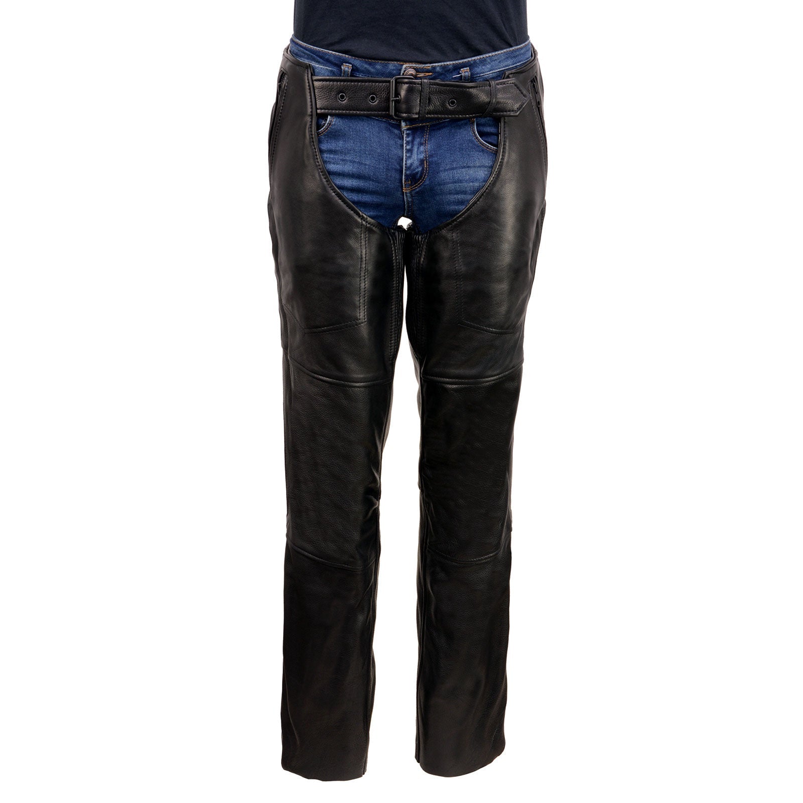 Men's Black Rough Rider Premium Leather Motorcycle Chaps With Thermal Liner MLM5571