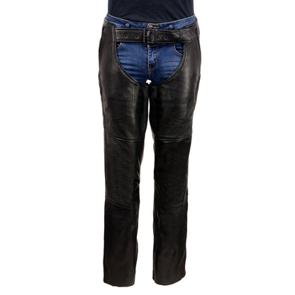 Men's Black Rough Rider Premium Leather Motorcycle Chaps With Thermal Liner MLM5571