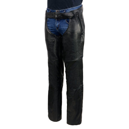 Men's Black Rough Rider Premium Leather Motorcycle Chaps With Thermal Liner MLM5571
