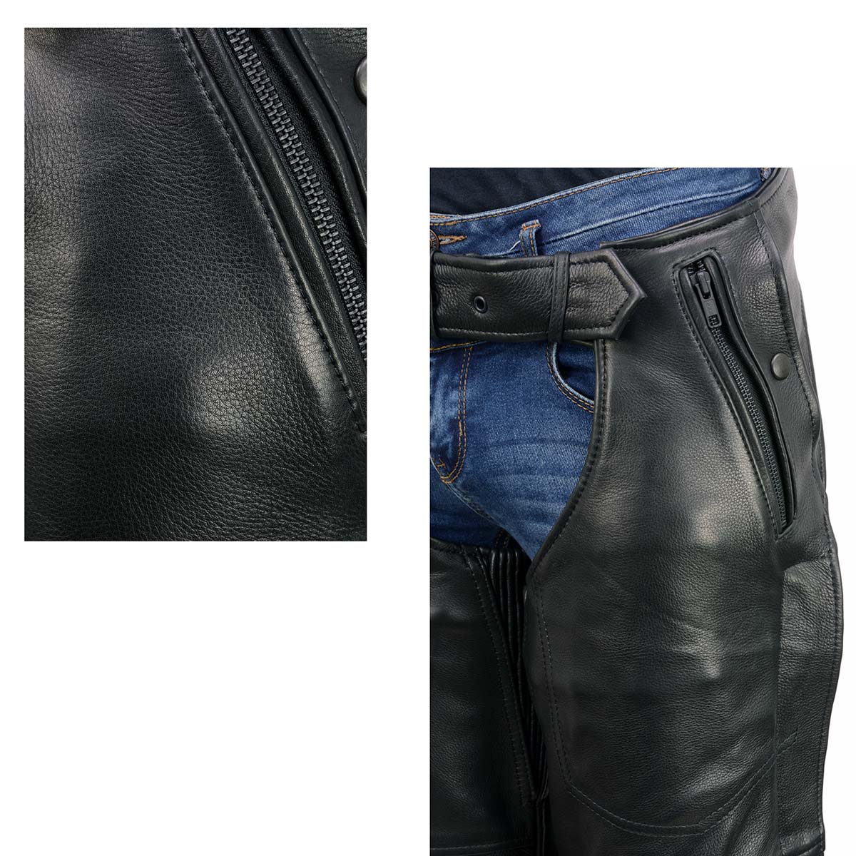 Men's Black Rough Rider Premium Leather Motorcycle Chaps With Thermal Liner MLM5571