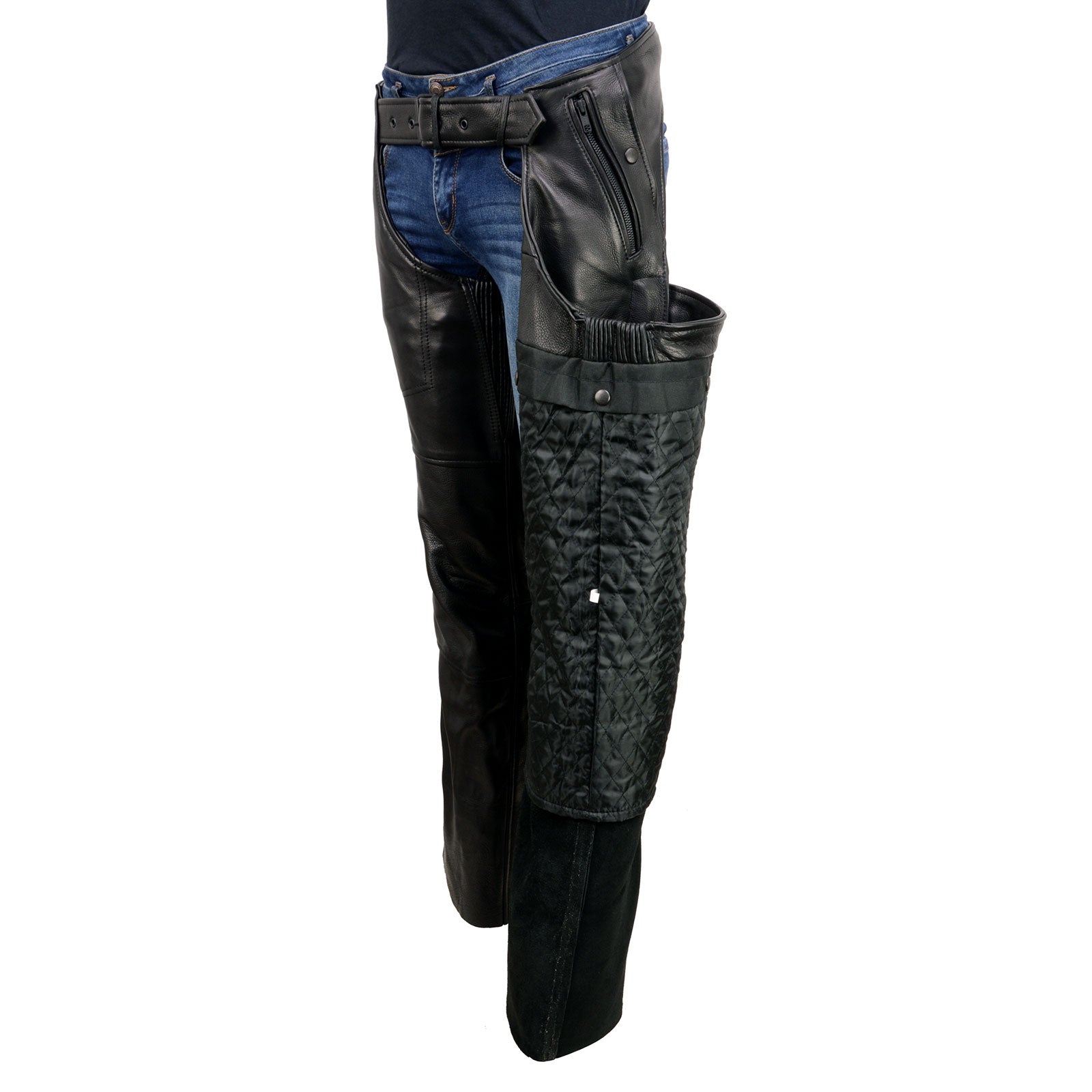 Men's Black Rough Rider Premium Leather Motorcycle Chaps With Thermal Liner MLM5571