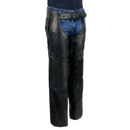 Men's Black Rough Rider Premium Leather Motorcycle Chaps With Thermal Liner MLM5571