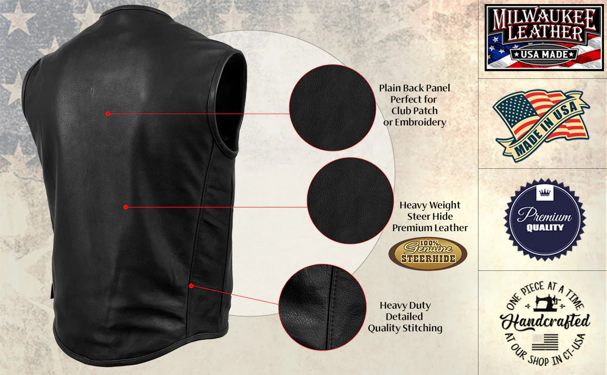 Men's Black 'Steerhide' Premium Leather Motorcycle Club Style Vest