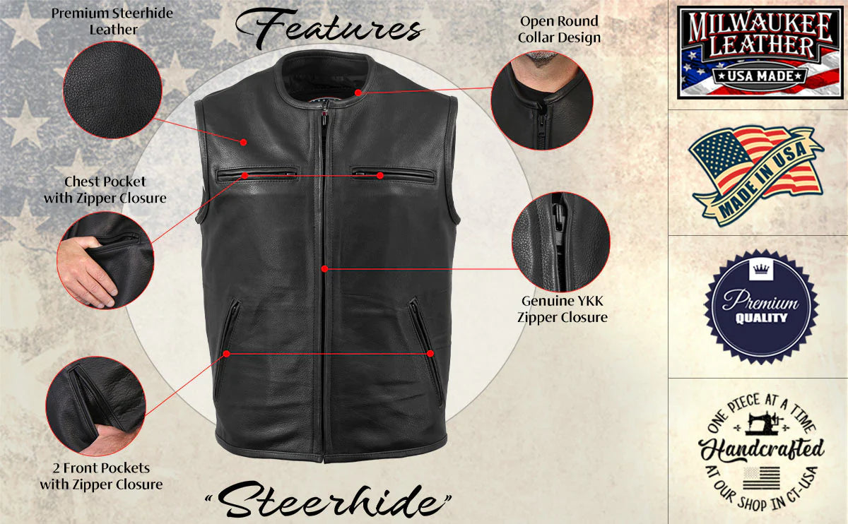 Men's Black 'Steerhide' Premium Leather Motorcycle Club Style Vest