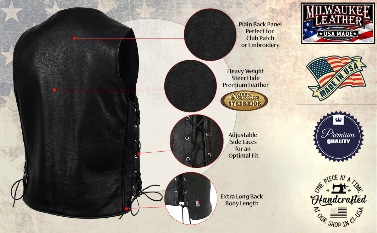 Men's Black 'Gaucho' Extra Long Back Premium Steerhide Motorcycle Leather Vest