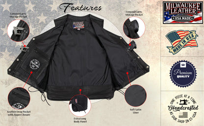 Men's Black 'Gaucho' Extra Long Back Premium Steerhide Motorcycle Leather Vest