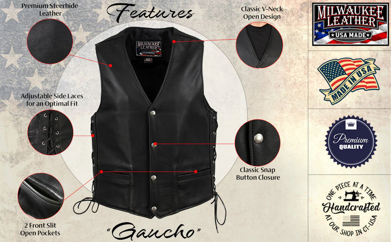Men's Black 'Gaucho' Extra Long Back Premium Steerhide Motorcycle Leather Vest
