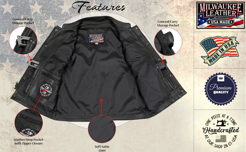 Men's Black 'Chaos' Premium Dual Closure Motorcycle Leather Vest