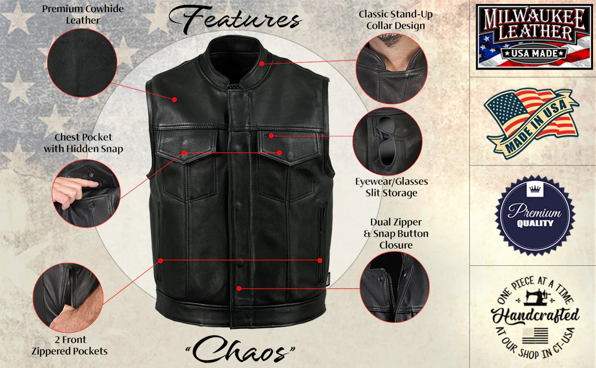 Men's Black 'Chaos' Premium Dual Closure Motorcycle Leather Vest