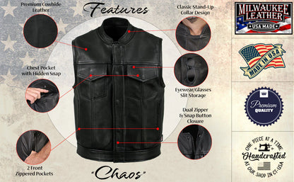 Men's Black 'Chaos' Premium Dual Closure Motorcycle Leather Vest