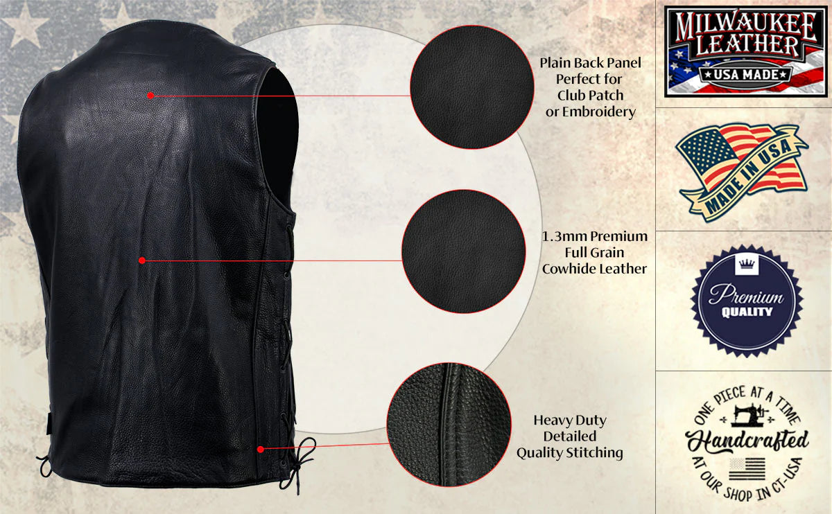 Men's Black 'Road Whip' Premium Motorcycle Leather Vest with Buffalo Snap Buttons