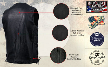 Men's Black 'Road Whip' Premium Motorcycle Leather Vest with Buffalo Snap Buttons