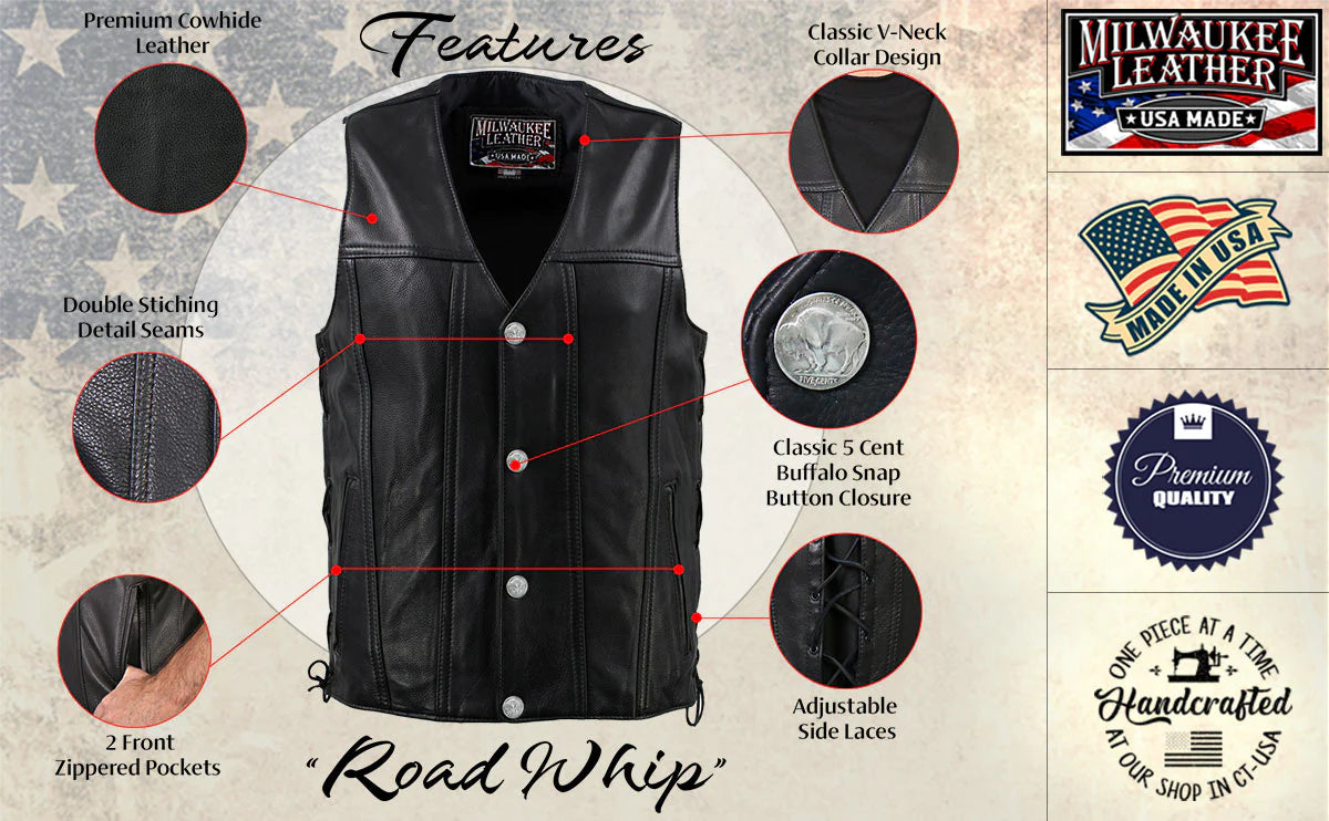 Men's Black 'Road Whip' Premium Motorcycle Leather Vest with Buffalo Snap Buttons