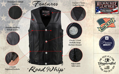 Men's Black 'Road Whip' Premium Motorcycle Leather Vest with Buffalo Snap Buttons