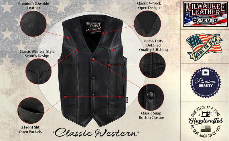 Men's Black 'Classic Western' Premium Motorcycle Leather Vest