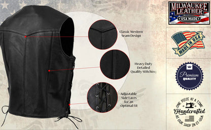 Men's Black 'Buster' Side Lace Premium Motorcycle Leather Vest