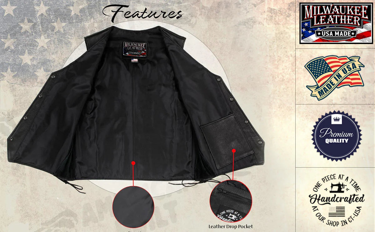 Men s Black Buster Side Lace Premium Motorcycle Leather Vest