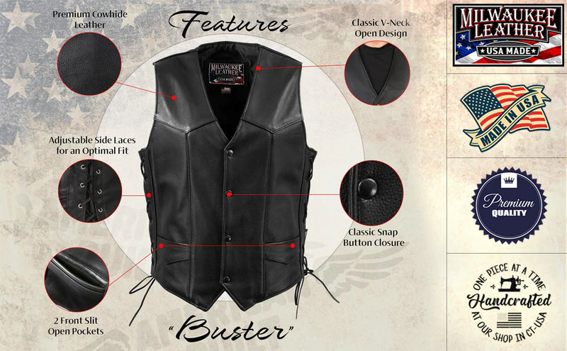 Men's Black 'Buster' Side Lace Premium Motorcycle Leather Vest