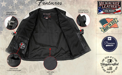 Men's Black 'Slinger' V-Neck Motorcycle Premium Leather Zippered Vest