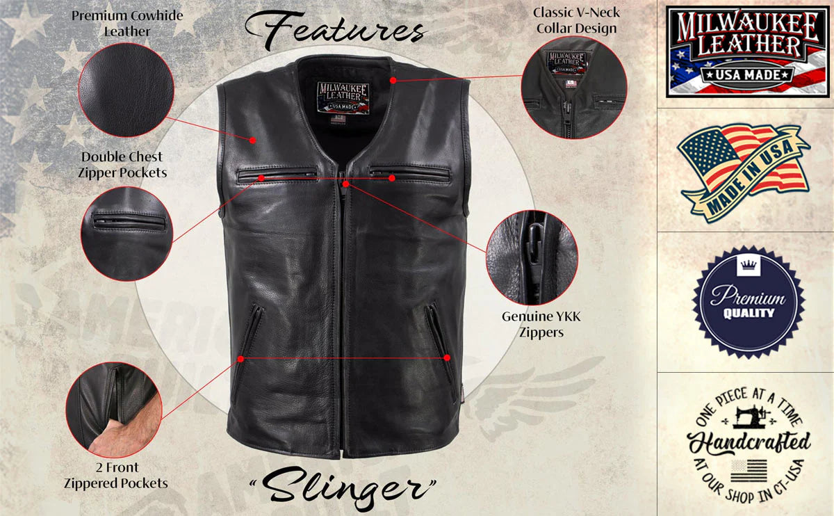 Men's Black 'Slinger' V-Neck Motorcycle Premium Leather Zippered Vest