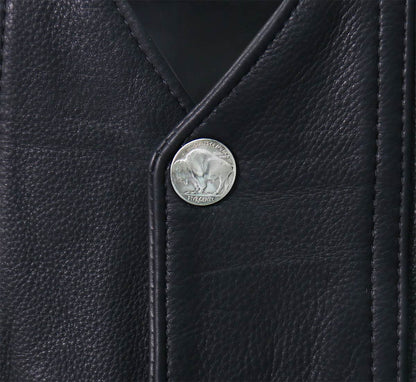 Men's Black 'Road Whip' Premium Motorcycle Leather Vest with Buffalo Snap Buttons