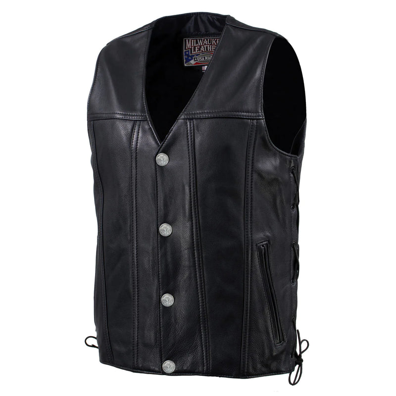 Men's Black 'Road Whip' Premium Motorcycle Leather Vest with Buffalo Snap Buttons