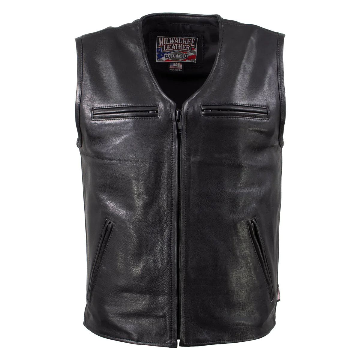 Men's Black 'Slinger' V-Neck Motorcycle Premium Leather Zippered Vest