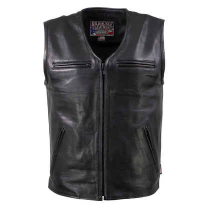 Men's Black 'Slinger' V-Neck Motorcycle Premium Leather Zippered Vest