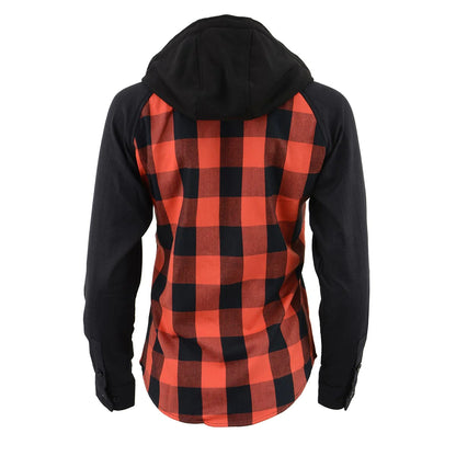 Women's Casual Black and Red Long Sleeve Cotton Flannel Shirt with Hoodie