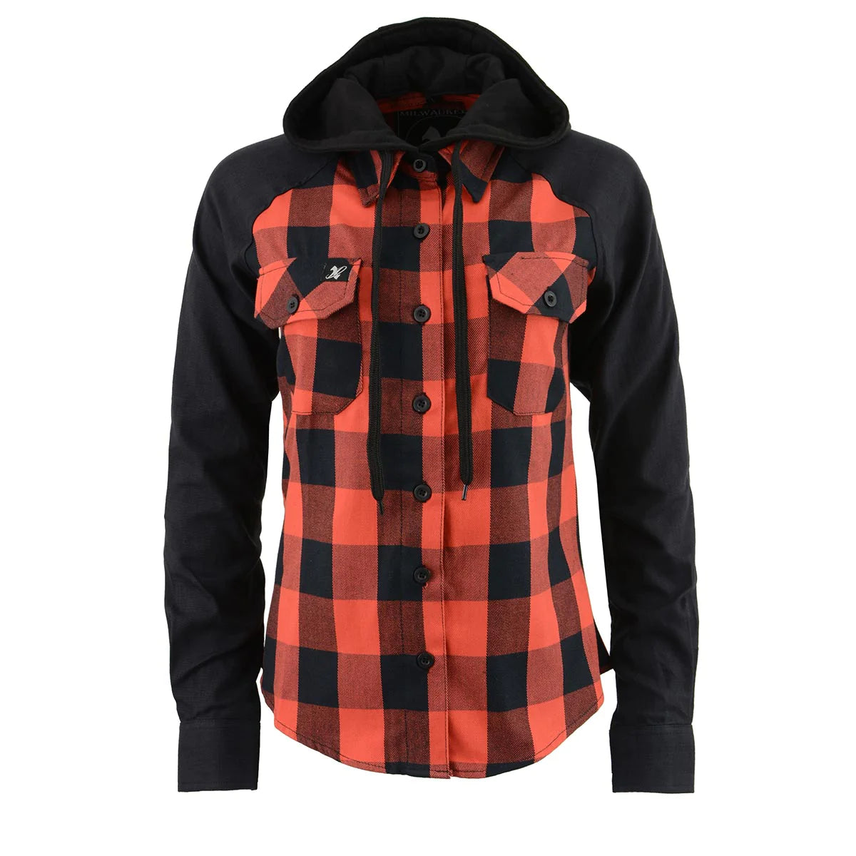 Women's Casual Black and Red Long Sleeve Cotton Flannel Shirt with Hoodie
