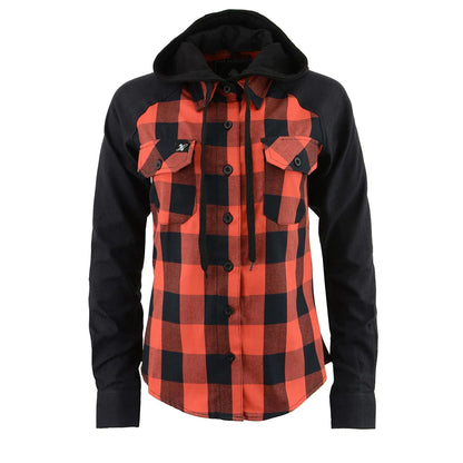 Women's Casual Black and Red Long Sleeve Cotton Flannel Shirt with Hoodie