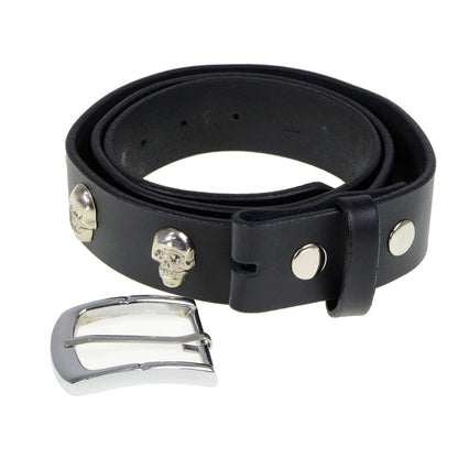 Men's Black Skull Heads Genuine Leather Belt for Biker with Buckle - 1.5 inches Wide