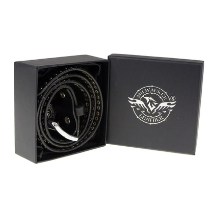 Men's Black Studs and Skulls Genuine Leather Belt for Biker with Buckle - 1.5 inches Wide