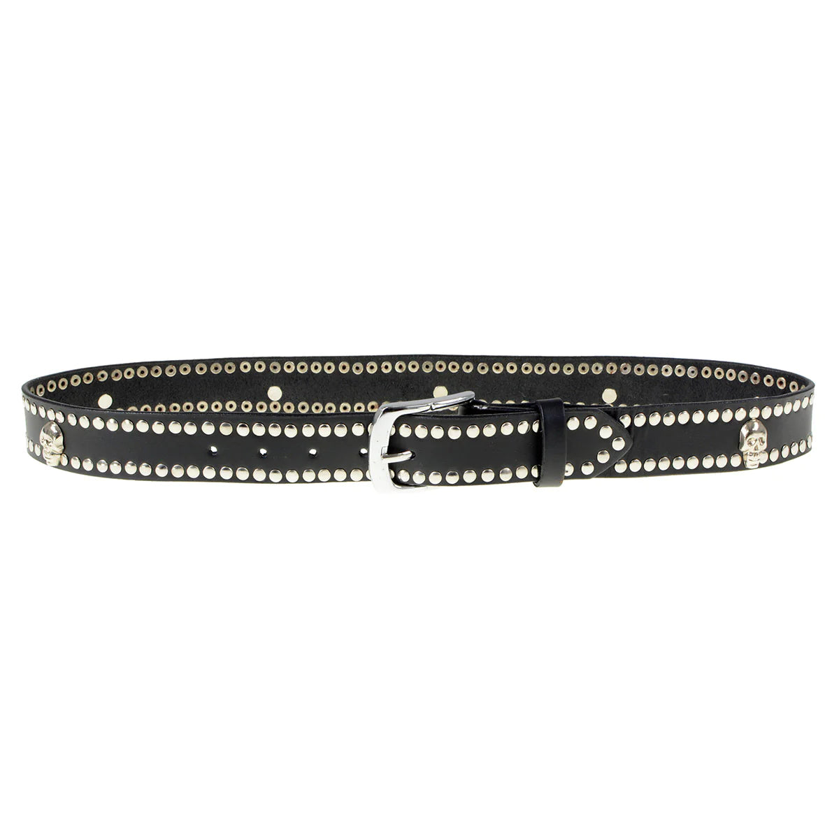 Men's Black Studs and Skulls Genuine Leather Belt for Biker with Buckle - 1.5 inches Wide