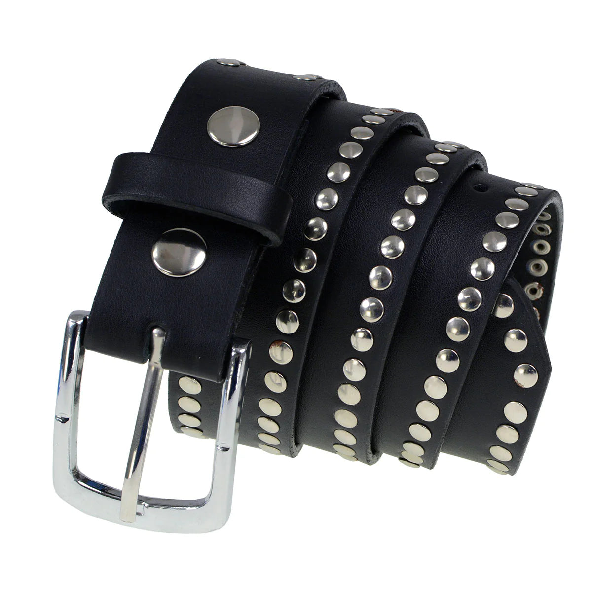 Men's Studded Black Genuine Leather Belt for Biker with Buckle - 1.5 inches Wide