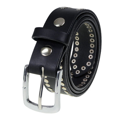 Men's Studded Black Genuine Leather Belt for Biker with Buckle - 1.5 inches Wide