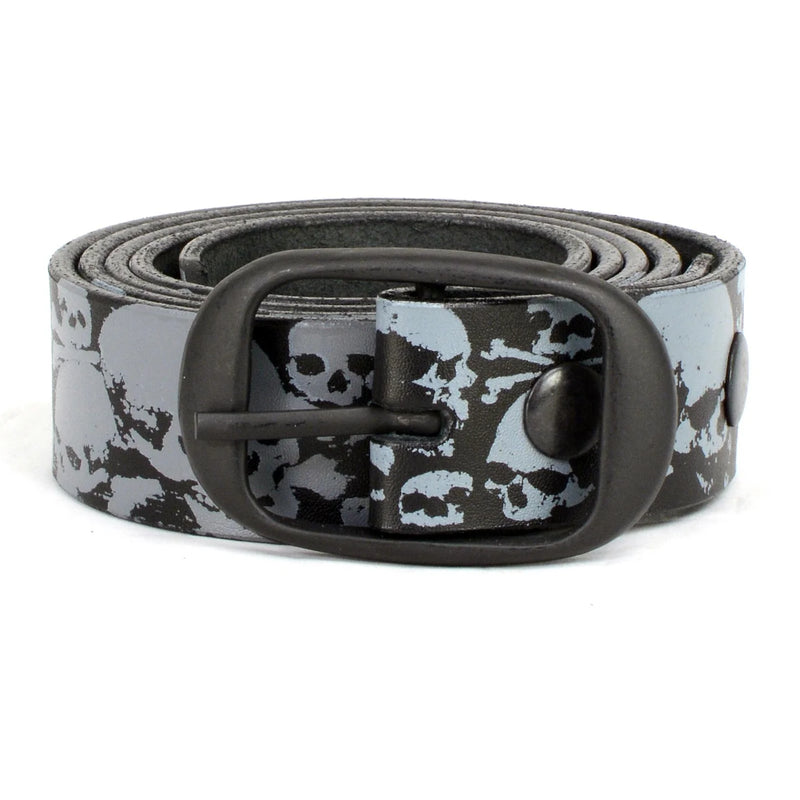 Men's Grey Skull Heads Black Genuine Leather Biker Belt with Interchangeable Buckle