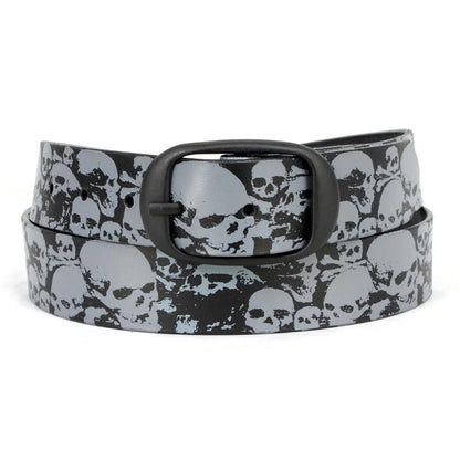 Men's Grey Skull Heads Black Genuine Leather Biker Belt with Interchangeable Buckle
