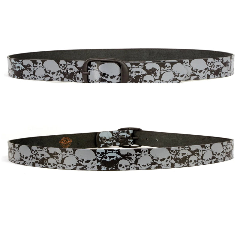 Men's Grey Skull Heads Black Genuine Leather Biker Belt with Interchangeable Buckle