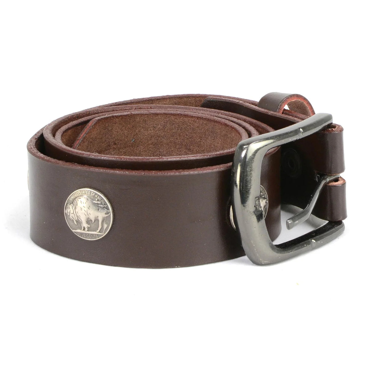 Men's 5 Cent Buffalo Coin - Brown Genuine Leather Belt with Interchangeable Buckle - 1.5 inches Wide