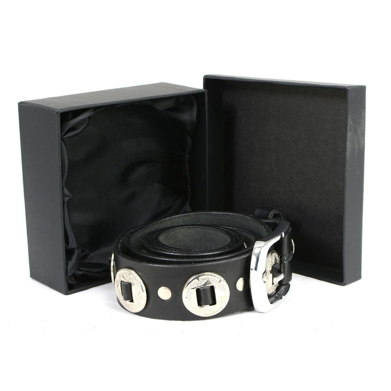 Men's Chrome Conchos - Black Genuine Leather Belt with Interchangeable Buckle - 1.5 inches Wide