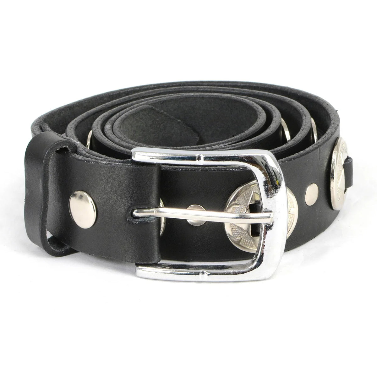 Men's Chrome Conchos - Black Genuine Leather Belt with Men's Chrome Conchos - Black Genuine Leather Belt with
